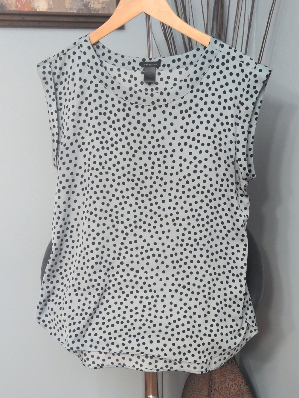 Ann Taylor Light Blue-Gray Tank Top with Black Polka Dots